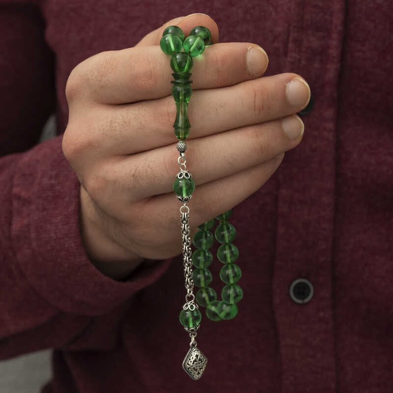Green Fire Amber Tesbih - Sterling Silver Accent Prayer Beads