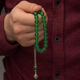 Green Fire Amber Tesbih - Sterling Silver Accent Prayer Beads