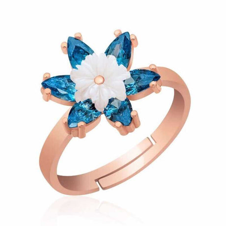 Rose Gold Plated Adjustable Ring - Blue Zirconia & Mother-of-Pearl Floral