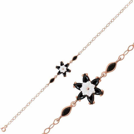 Rose Gold Plated Bracelet - Black Onyx & Mother-of-Pearl Lotus Flower