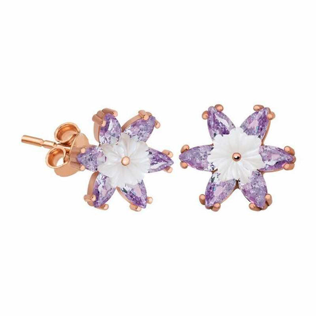 Rose Gold Tone Stud Earrings - Lilac & White Floral Bloom