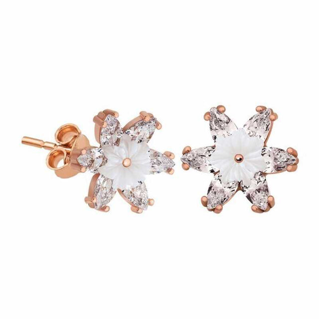 Stud Earrings - Rose Gold-Tone Floral Mother-of-Pearl & Zirconia