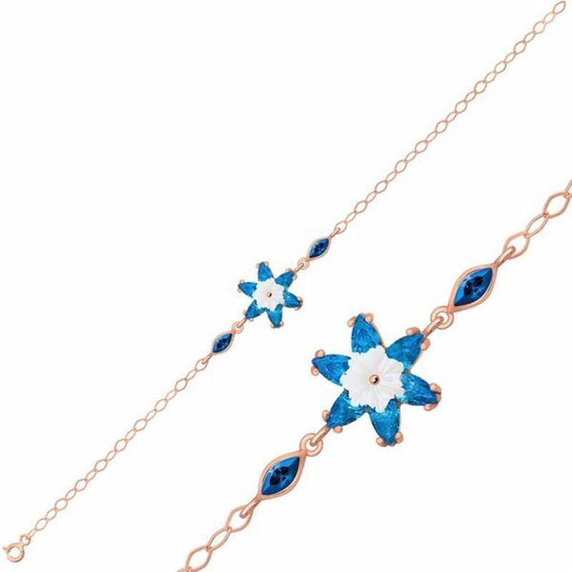 Bracelet - Rose Gold Tone Blue Lotus Flower Charm