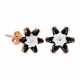 Stud Earrings - Rose Gold Tone Black Onyx & Mother of Pearl Floral