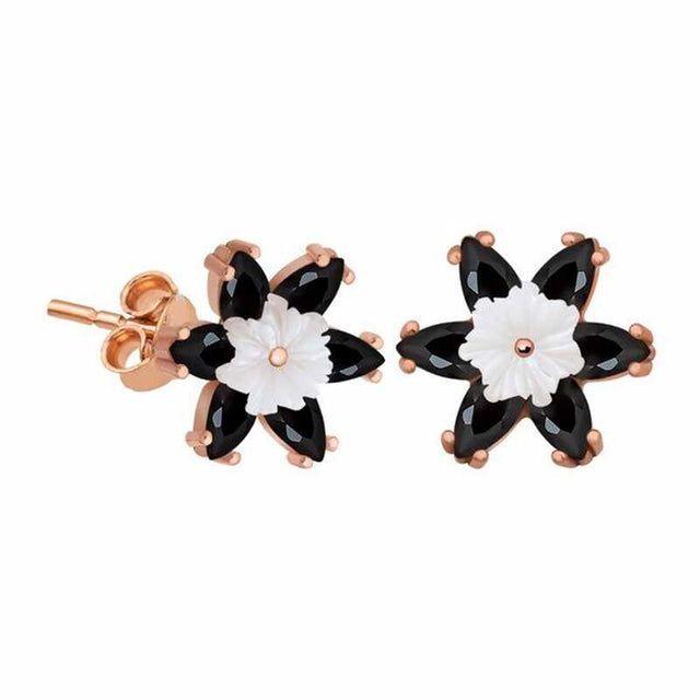 Stud Earrings - Rose Gold Tone Black Onyx & Mother of Pearl Floral