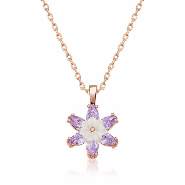 Rose Gold-Tone Floral Necklace - Elegant Lavender & White Lotus Pendant