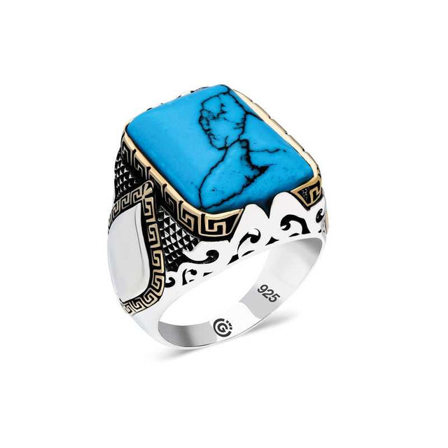 Silver Men's Angular Turquoise Stone Ring
