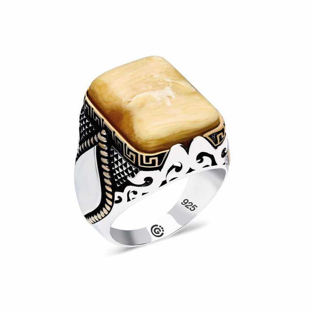 Premium Sterling Silver Amber Stone Mens Ring