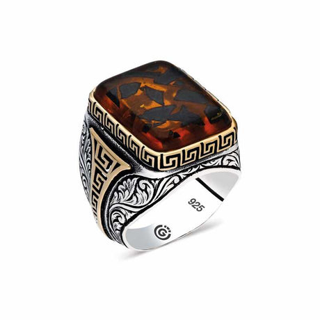 Premium Men's Rectangular Mosaic Amber Stone Silver Ring