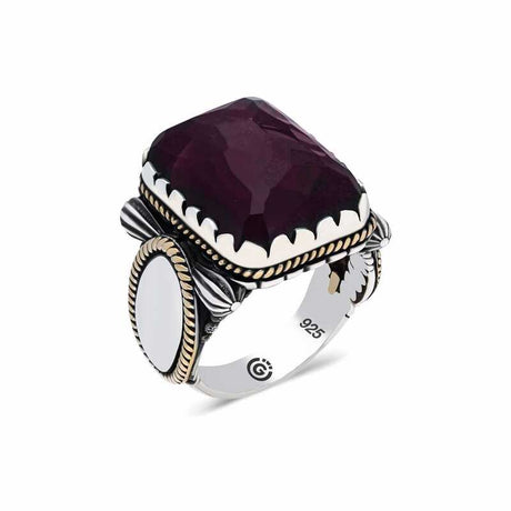 Premium Sterling Silver Burgundy Stone Men's Ring