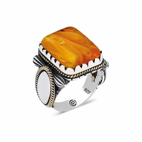 Professional Men's Sterling Silver Orange Tiger Eye Rectangular Ring