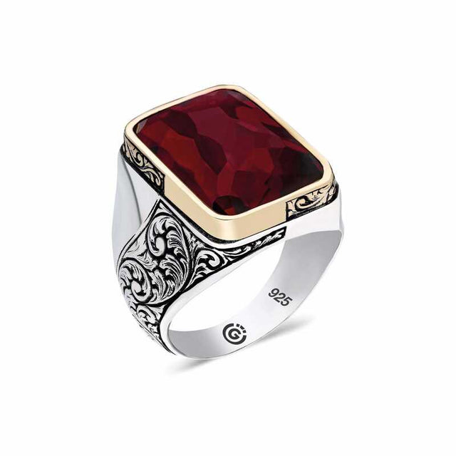 Premium Sterling Silver Rectangular Bordeaux Gemstone Men's Ring