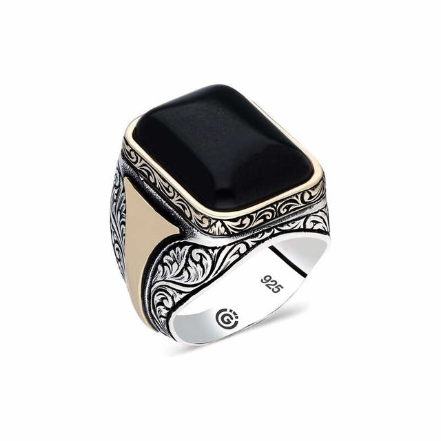 Premium Artisan Sterling Silver Men's Black Onyx Engraved Ring
