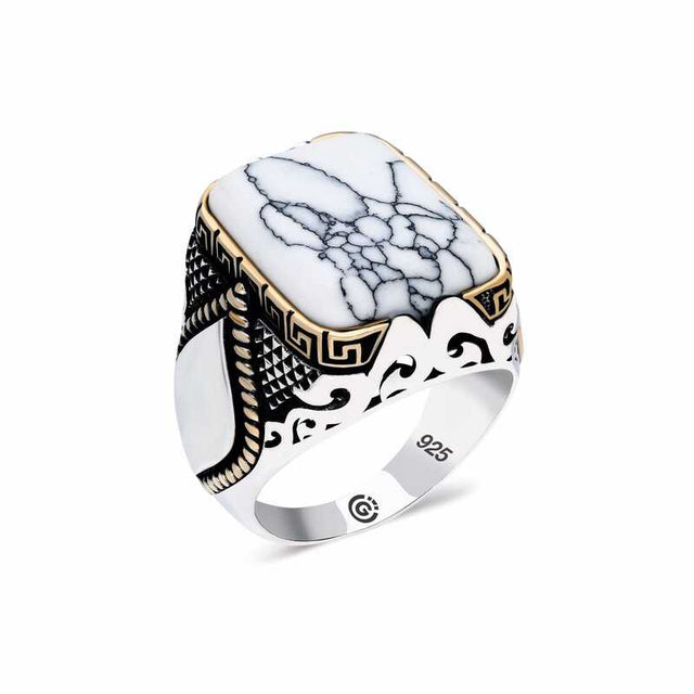 Professional Men's Engraved Sterling Silver White Howlite Ring