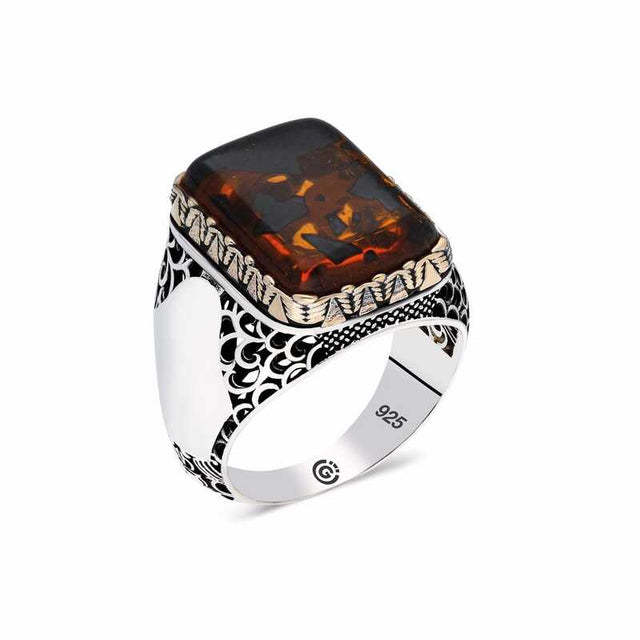 Premium Silver Mens Ring with Square Compressed Amber Stone