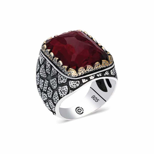 Elite Men's Sterling Silver Burgundy Zircon Ring