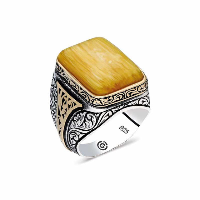 Premium Artisan Men's Silver Square Compressed Amber Ring
