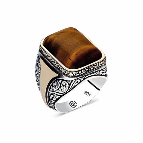 Premium Sterling Silver Men's Ring with Square Tiger's Eye Stone