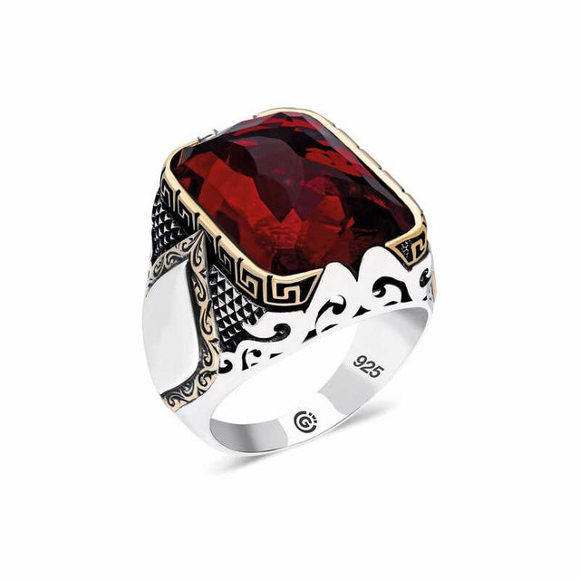 Premium Sterling Silver Rectangular Red Zircon Men's Ring