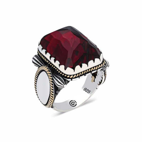 Men's Silver Ring Square Bordeaux Zircon Stone