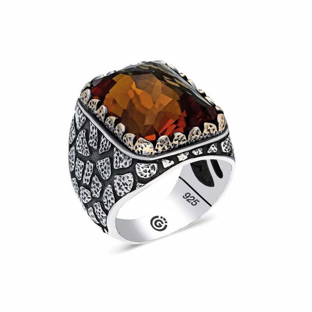 Sterling Silver Men's Statement Ring with Brown Zircon Stone