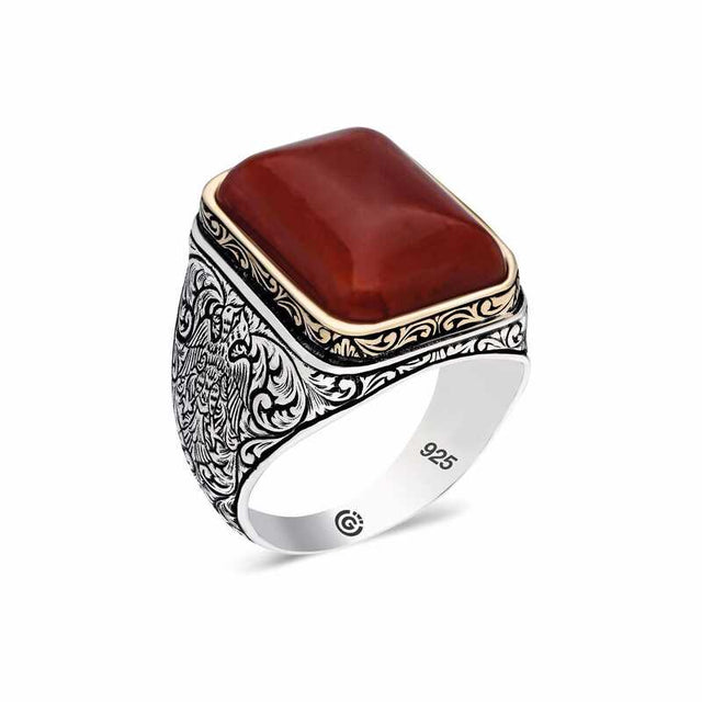 Premium Sterling Silver Ornate Red Zircon Men's Ring