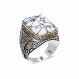 Men's Sterling Silver Patterned Howlite Stone Ring