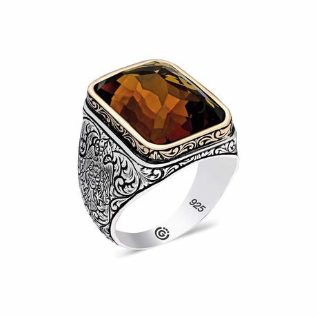 Professional Men's Silver Engraved Ring with Faceted Brown Stone