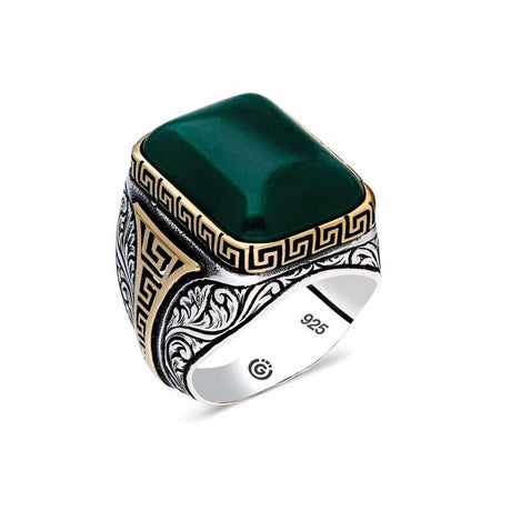 Artisan Men's Sterling Silver Green Agate Ring