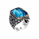 Premium Sterling Silver Patterned Blue Zircon Square Men's Ring