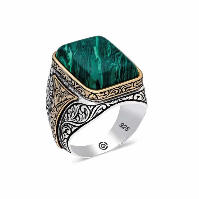 Premium Silver Patterned Malachite Men's Ring