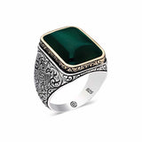 Premium Artisan Crafted Sterling Silver Dark Green Agate Rectangular Mens Ring