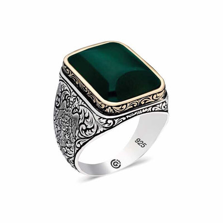 Premium Artisan Crafted Sterling Silver Dark Green Agate Rectangular Mens Ring
