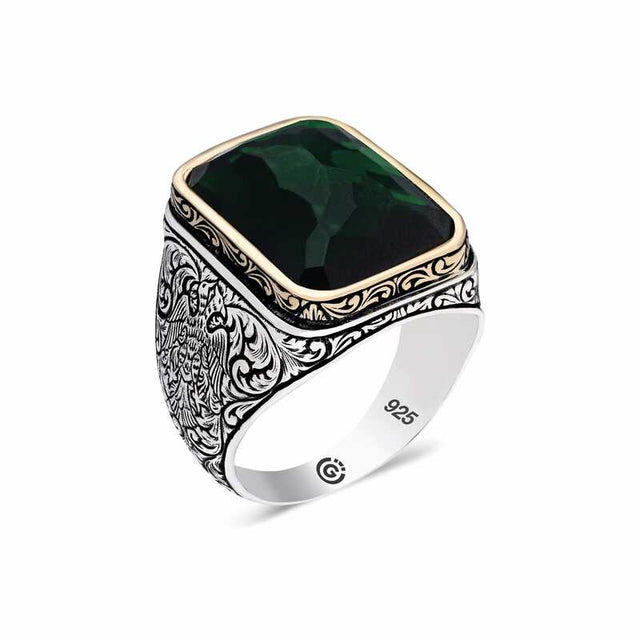 Premium Sterling Silver Handcrafted Men's Rectangular Green Zircon Ring