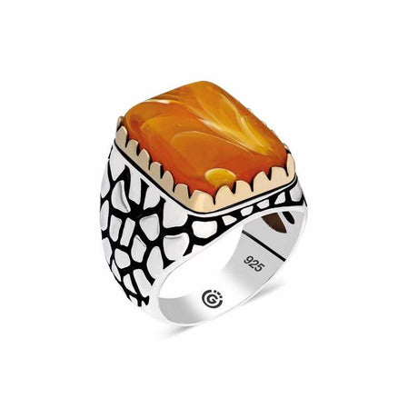 Premium Sterling Silver Men's Square Ring with Artisan Amber-Style Stone