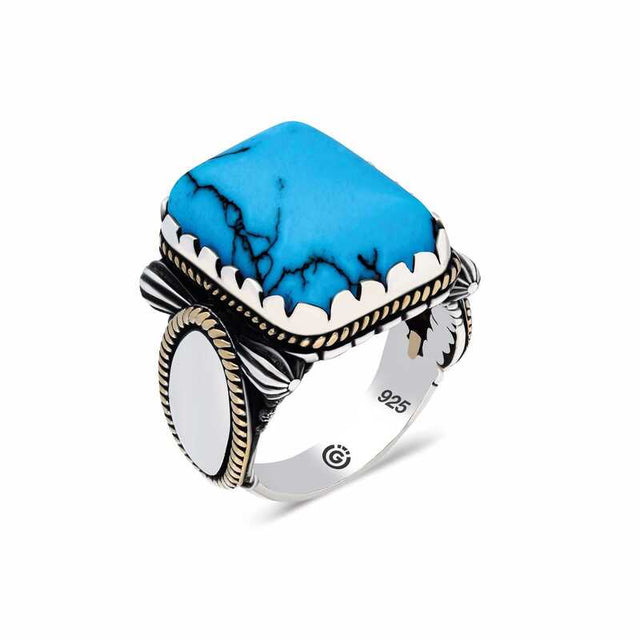 Premium Men's Sterling Silver Square Turquoise Statement Ring
