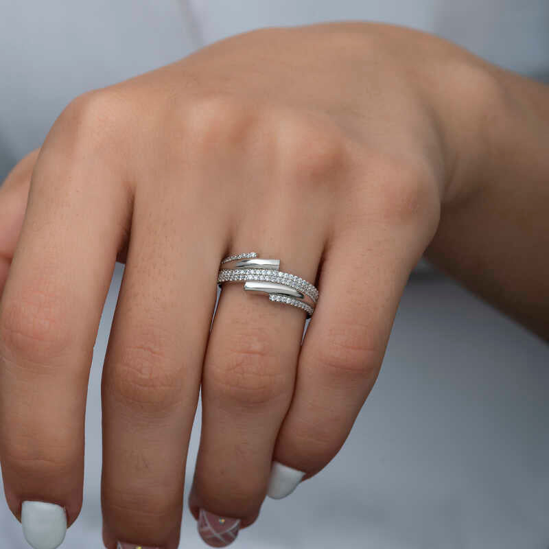 Ring - Sterling Silver Zircon Pave Multi-Row Statement Ring