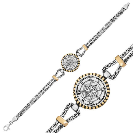 Sterling Silver Compass Bracelet - Gold-Tone Nautical Byzantine Design