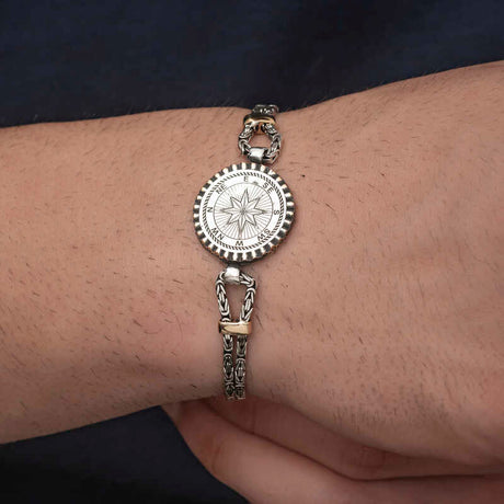 Sterling Silver Compass Bracelet - Gold-Tone Nautical Byzantine Design