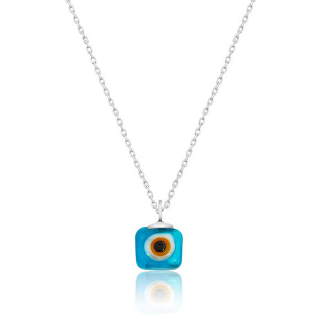 Sterling Silver Necklace - Elegant Square Glass Evil Eye Pendant