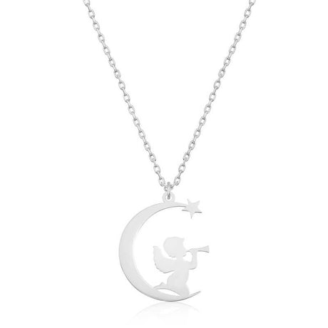 Necklace - Silver-Tone Angel on Moon & Star Whimsical Pendant