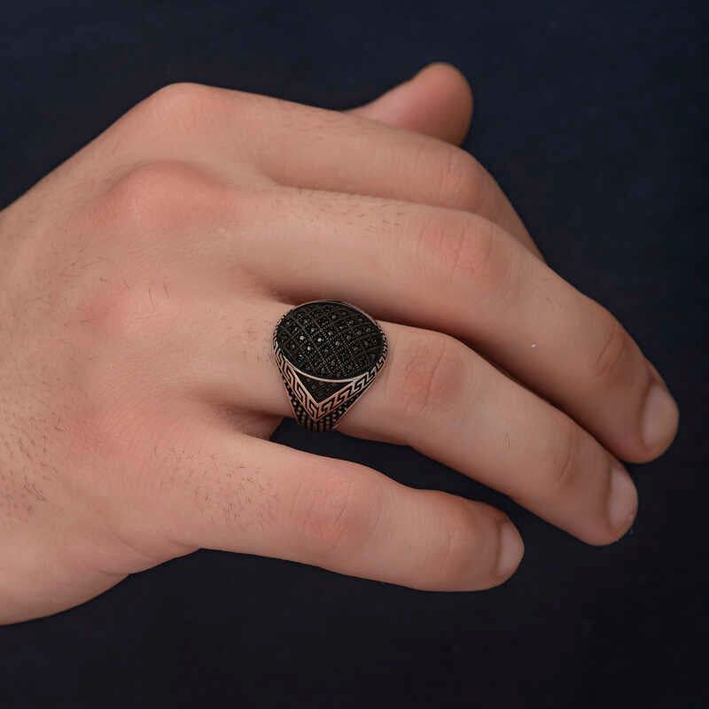 Premium Men's Silver Ring Black Zircon Stone