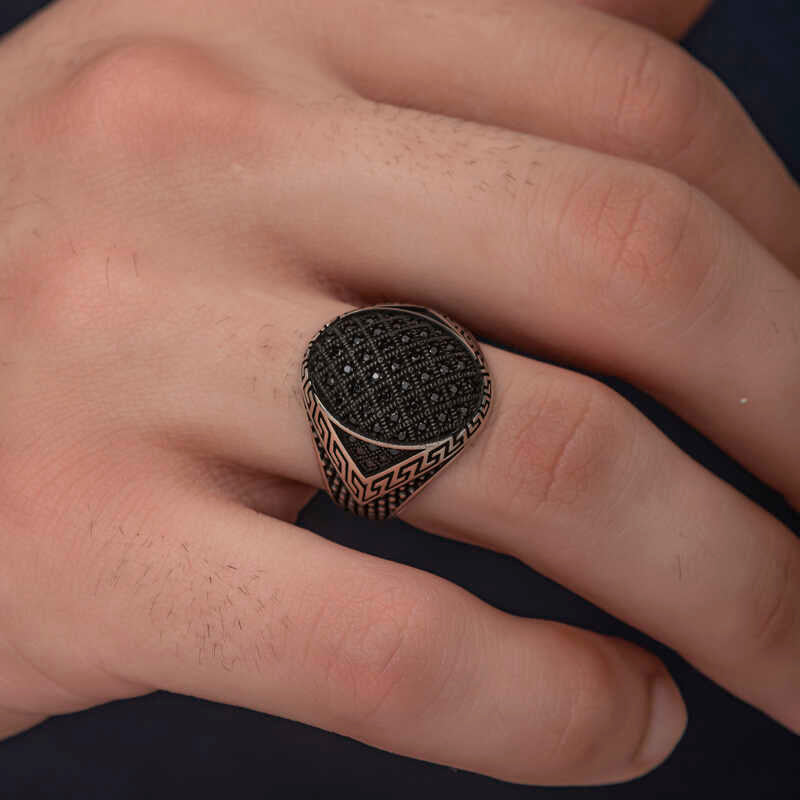 Premium Men's Silver Ring Black Zircon Stone