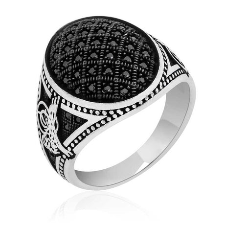 Premium Sterling Silver Ottoman Style Black Zircon Men's Ring