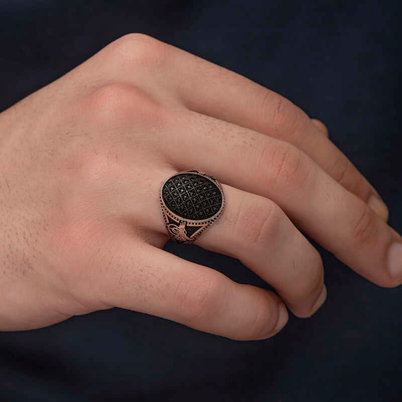 高级纯银奥斯曼风格黑锆石男士戒指