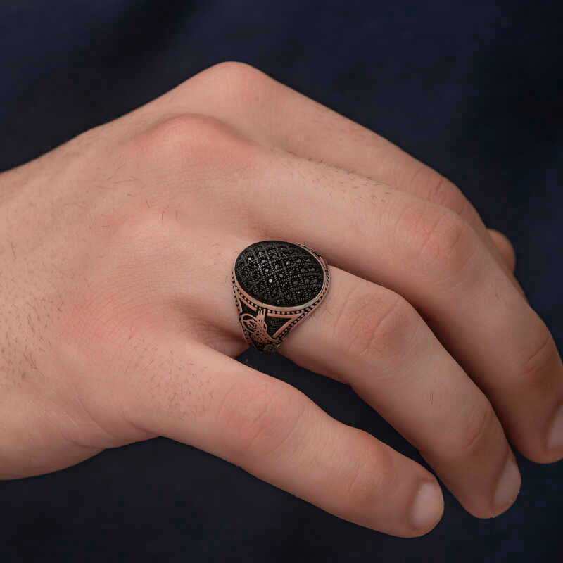 高级纯银奥斯曼风格黑锆石男士戒指