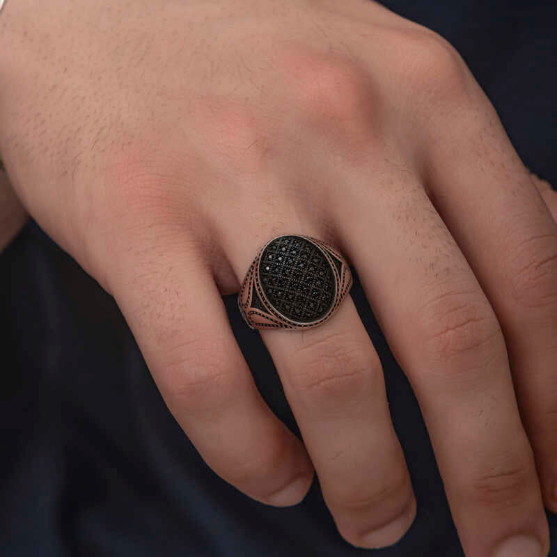 Luxury Silver Black Zircon Mens Ring