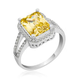 Sterling Silver Halo Ring - Yellow Emerald Cut & Cubic Zirconia