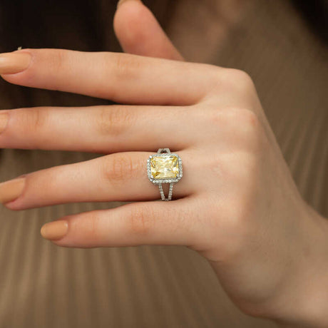 Sterling Silver Halo Ring - Yellow Emerald Cut & Cubic Zirconia