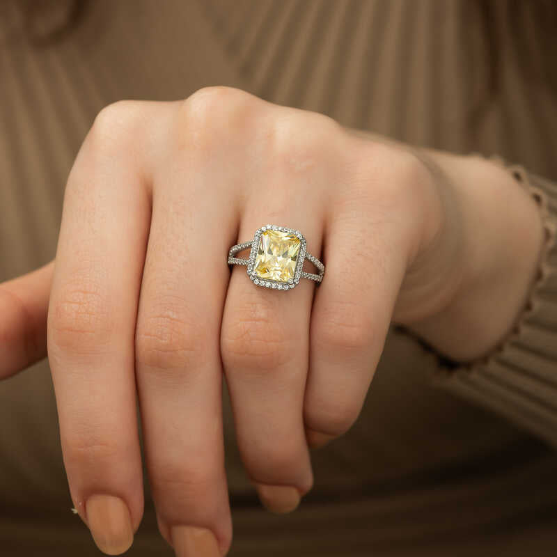 Sterling Silver Halo Ring - Yellow Emerald Cut & Cubic Zirconia